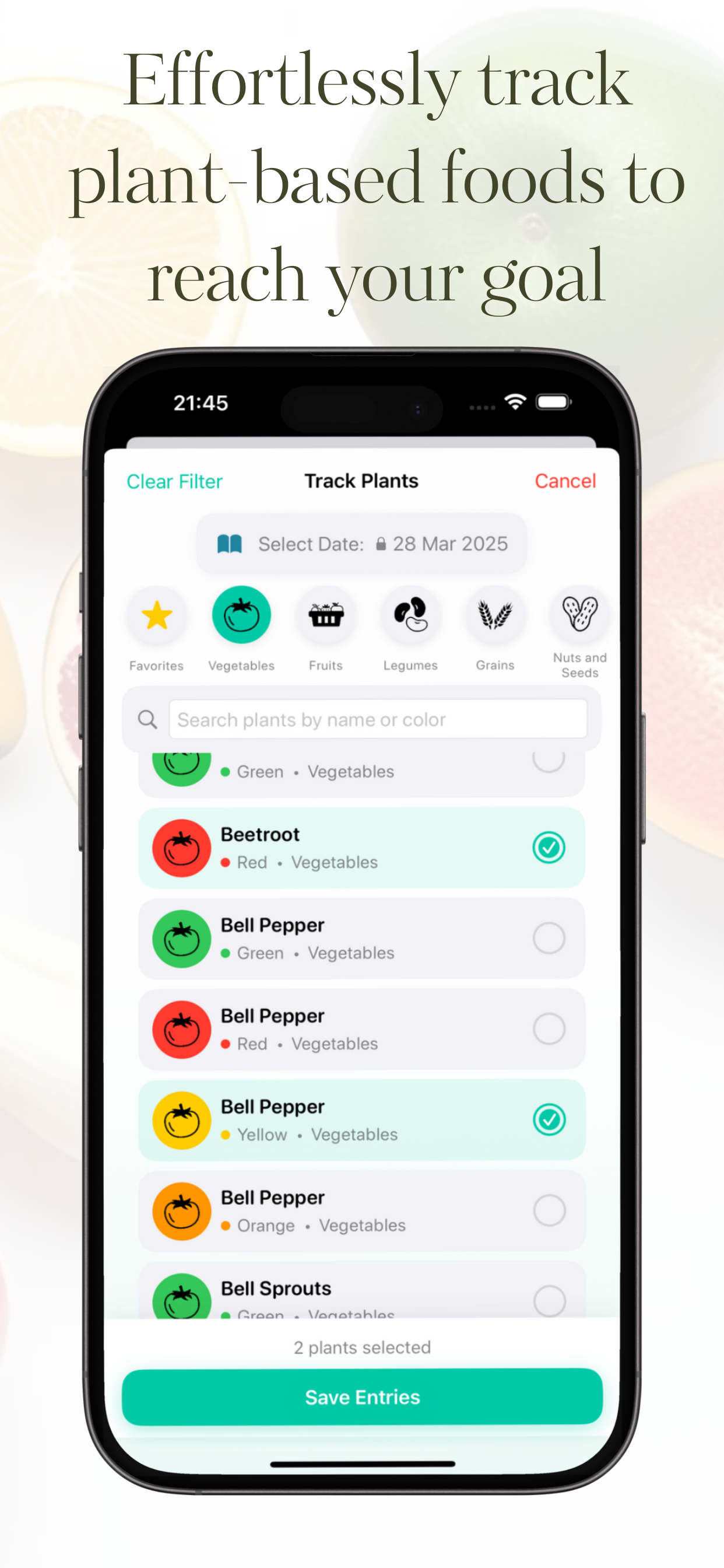 30 Plants a Week Checklist app showing plant diversity tracker with weekly progress and nutrition goals