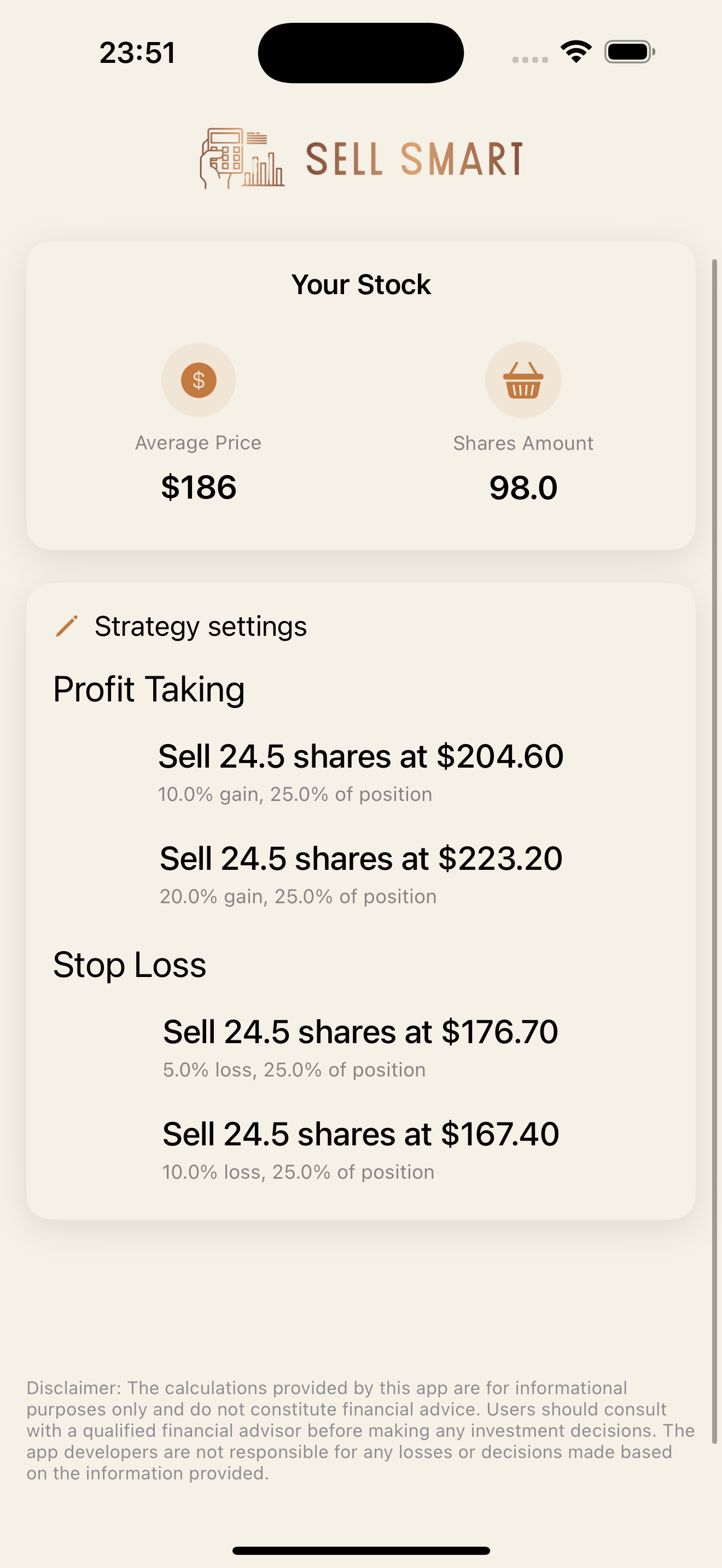 Sell Smart stock exit calculator showing portfolio analysis with risk assessment and market trend charts