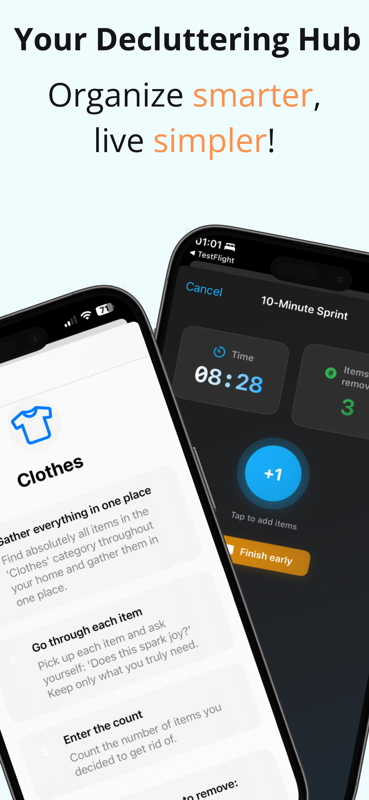 ClutterSnap home organization app showing decluttering progress tracker with before/after photos and room management