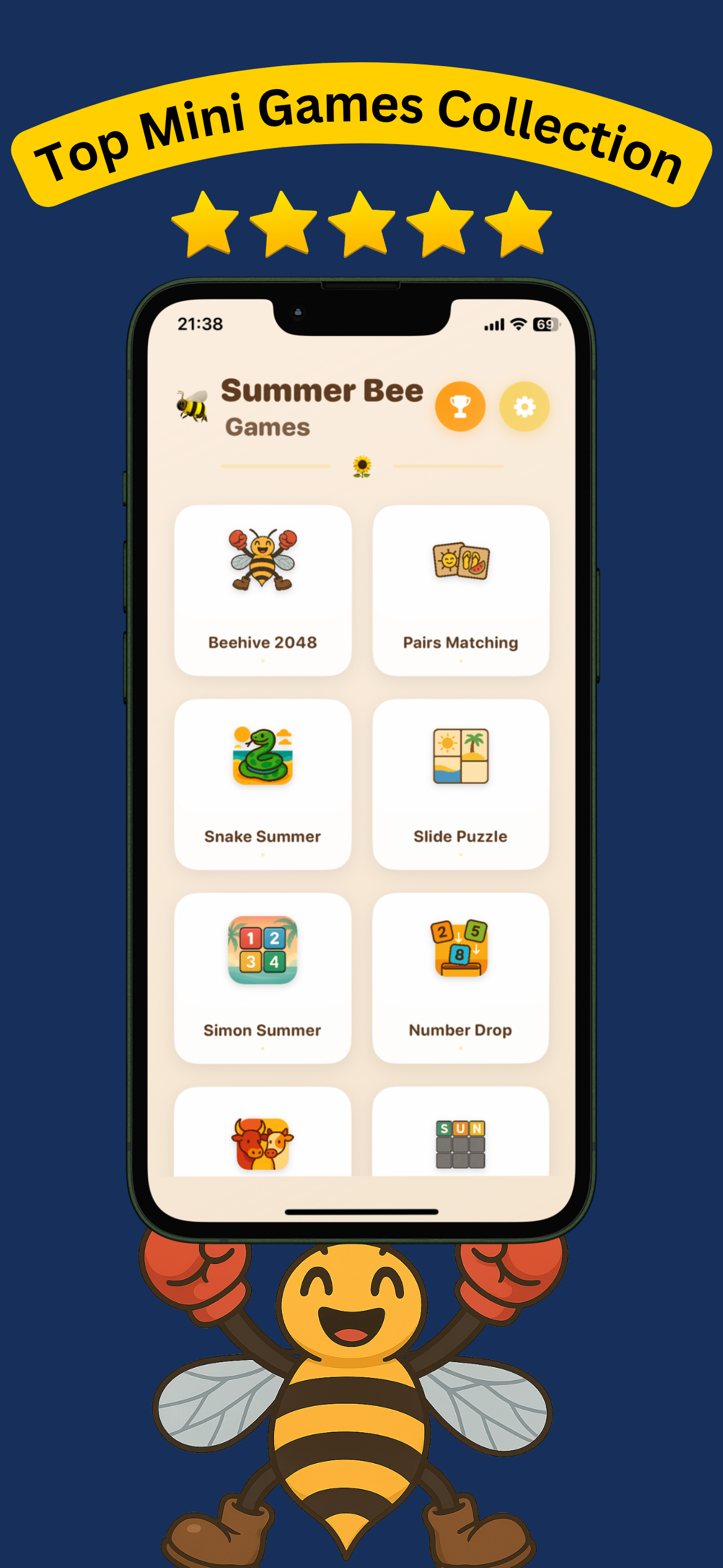 Mini Games with Summer Bee featuring puzzle and arcade games collection with colorful bee character